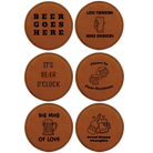 Rawhide round leatherette coasters set of 6 laser etched with 'Beer Themed' designs