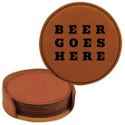 Rawhide round leatherette coasters set and holder laser etched with 'Beer Themed' design