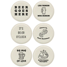 White round leatherette coasters set of 6 laser etched with 'Beer Themed' designs