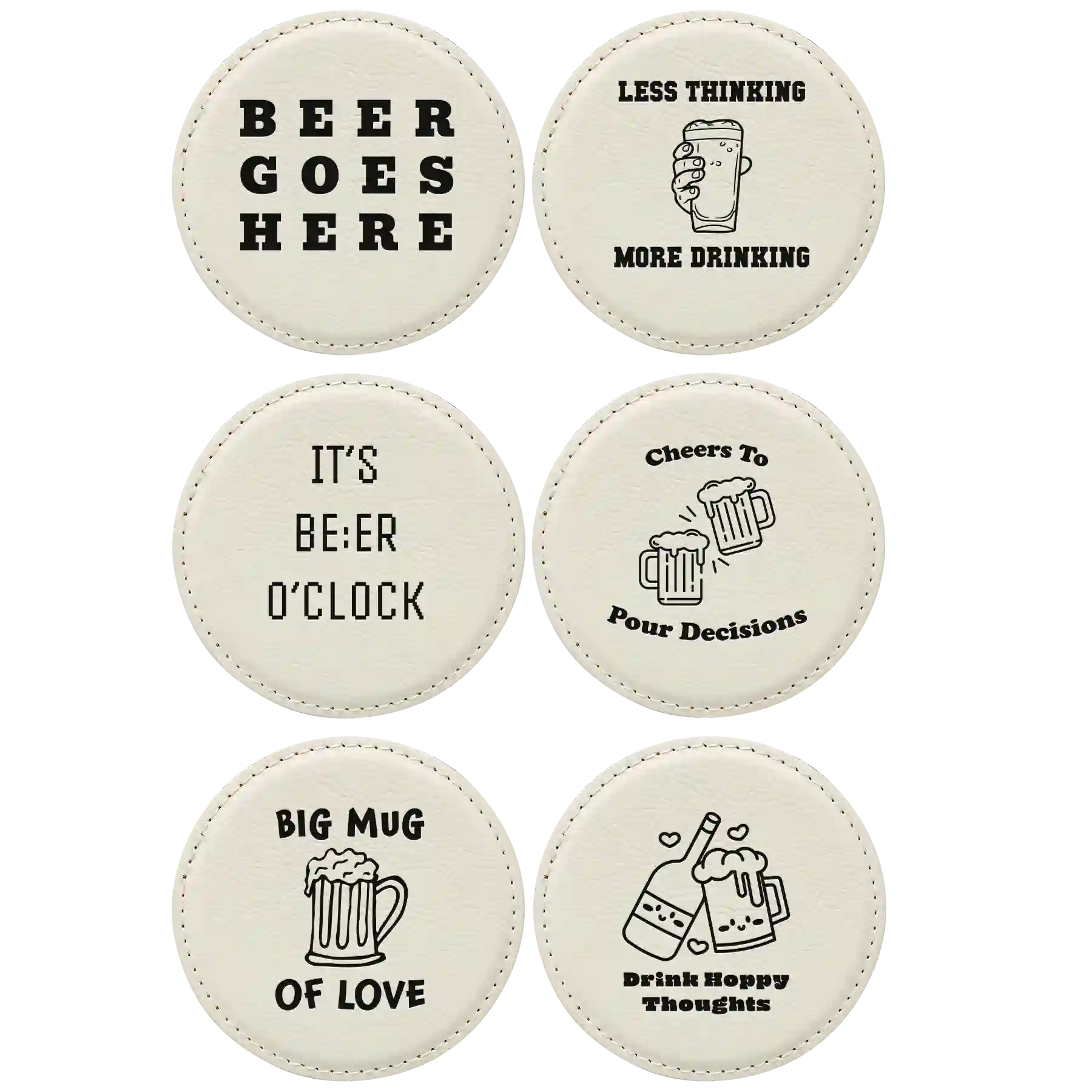 White round leatherette coasters set of 6 laser etched with 'Beer Themed' designs