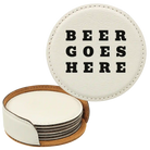 White round leatherette coasters set and holder laser etched with 'Beer Themed' design