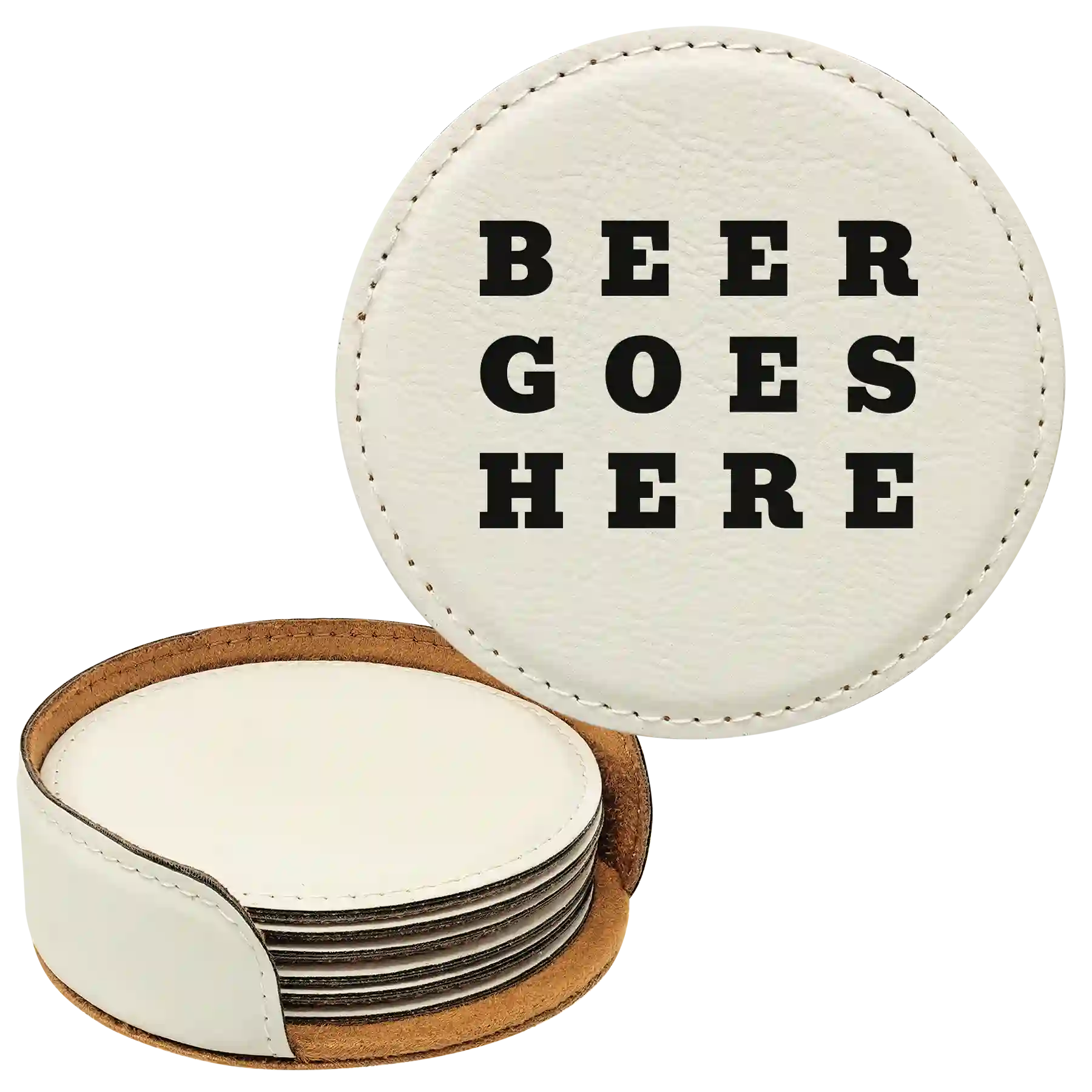 White round leatherette coasters set and holder laser etched with 'Beer Themed' design