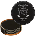 Black/Silver round leatherette coasters set and holder with personalized 'Cheers to Love' design