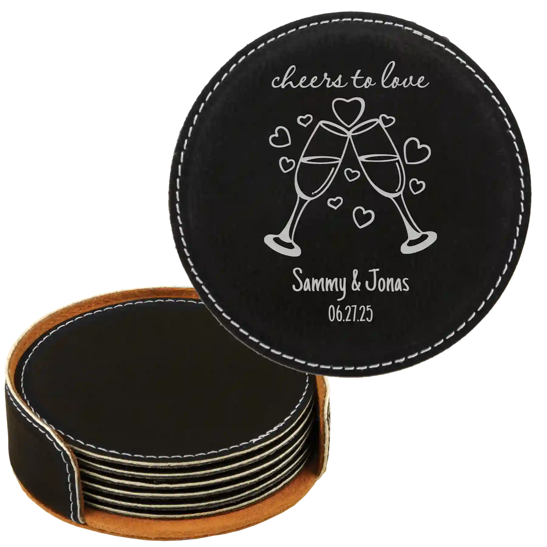 Black/Silver round leatherette coasters set and holder with personalized 'Cheers to Love' design