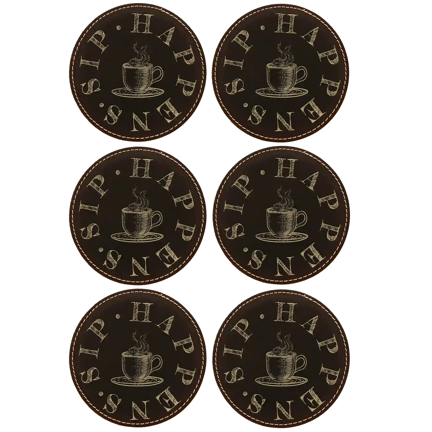 Black/Gold round leatherette coasters set of 6 laser etched with 'Coffee Sip Happens' designs