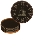 Black/Gold round leatherette coasters set and holder laser etched with 'Coffee Sip Happens' design