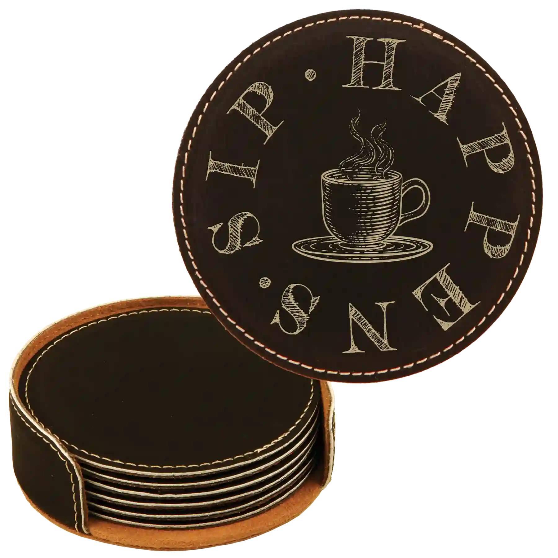 Black/Gold round leatherette coasters set and holder laser etched with 'Coffee Sip Happens' design