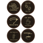 Black/Gold round leatherette coasters set of 6 laser etched with 'Coffee Themed' designs