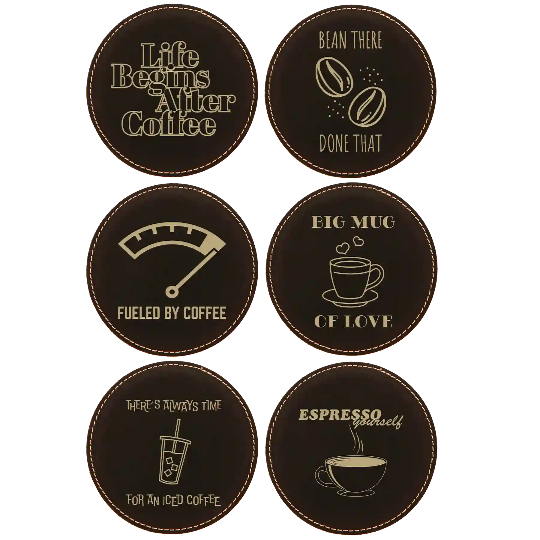 Black/Gold round leatherette coasters set of 6 laser etched with 'Coffee Themed' designs