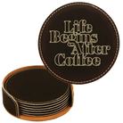 Black/Gold round leatherette coasters set and holder laser etched with 'Coffee Themed' design