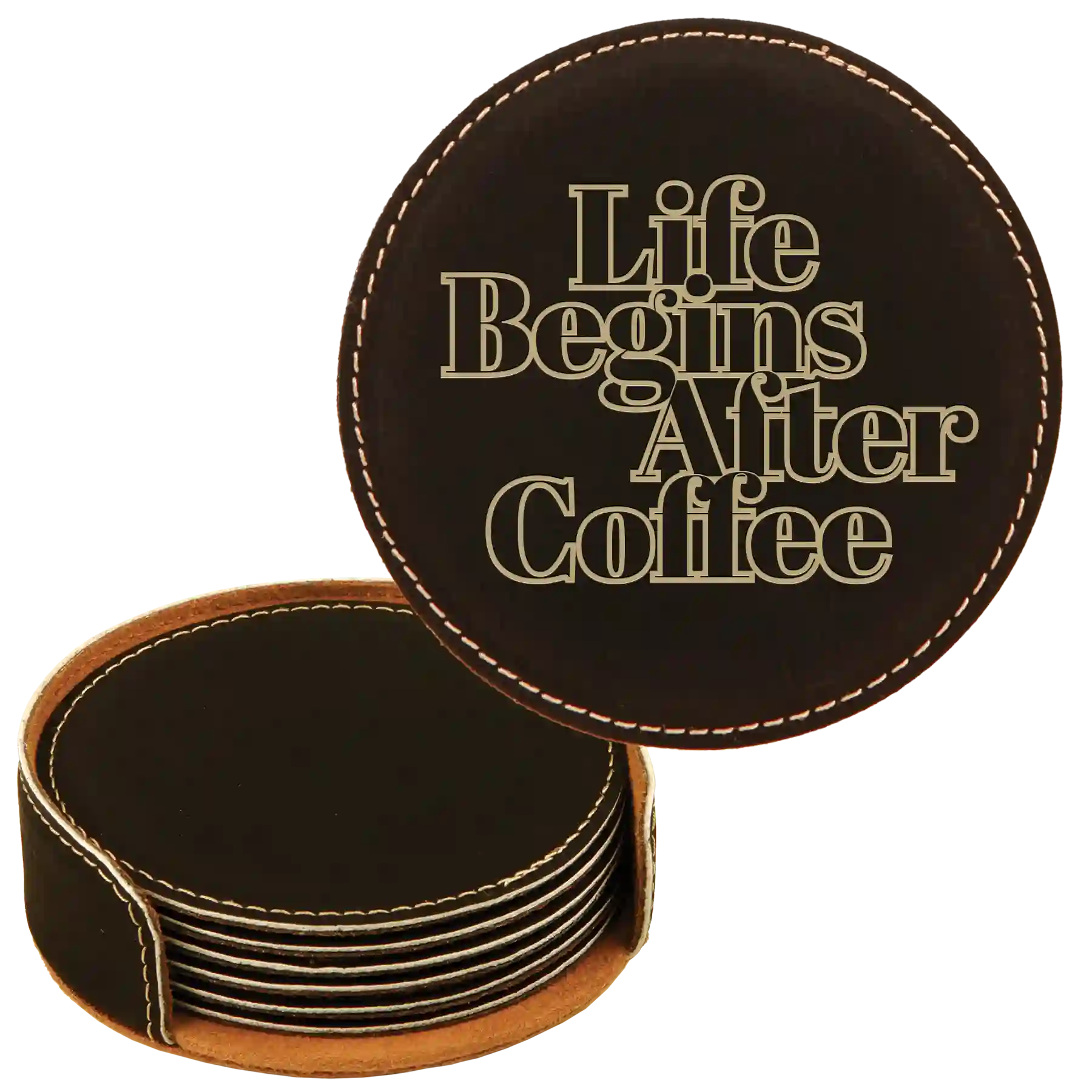 Black/Gold round leatherette coasters set and holder laser etched with 'Coffee Themed' design