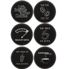 Black/Silver round leatherette coasters set of 6 laser etched with 'Coffee Themed' designs
