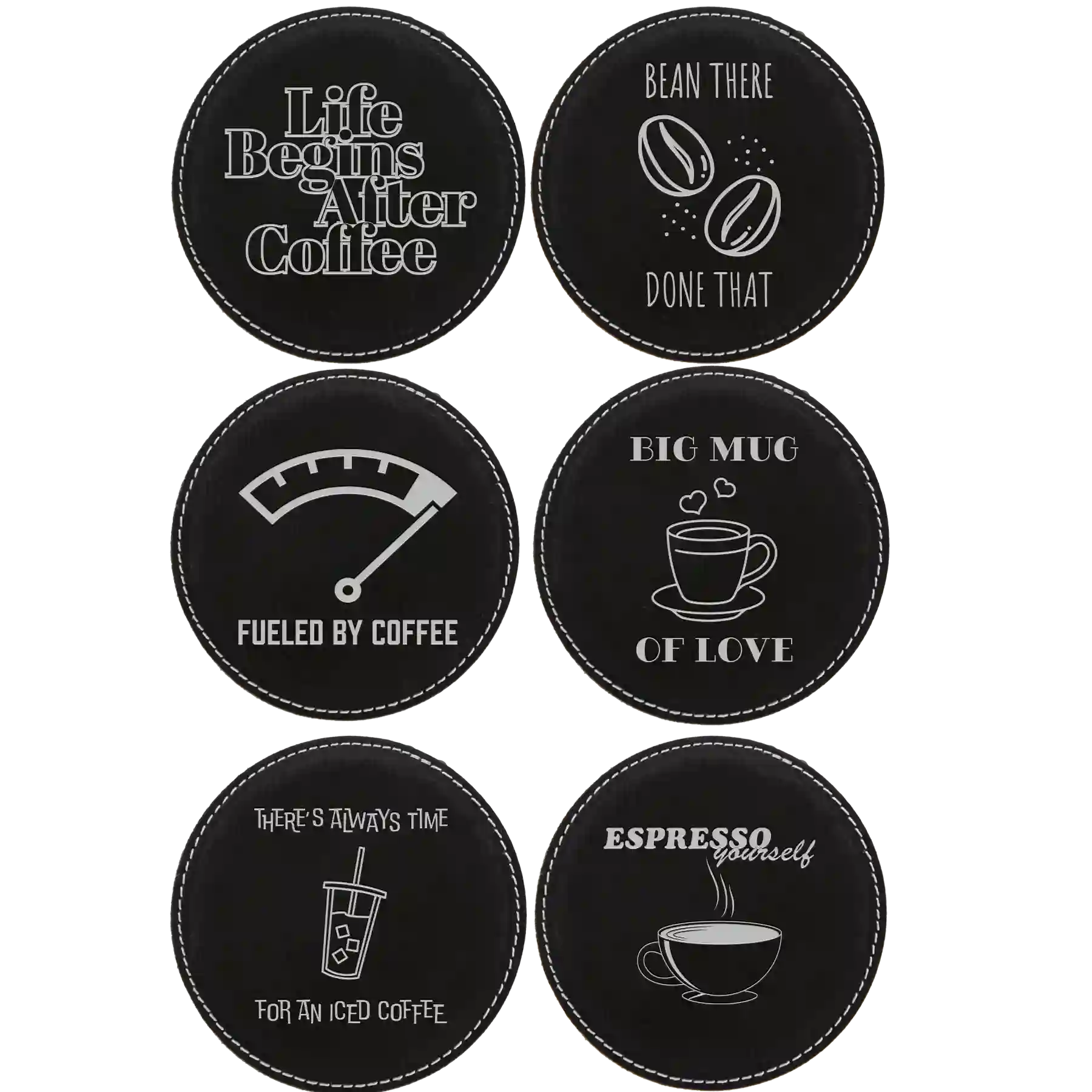 Black/Silver round leatherette coasters set of 6 laser etched with 'Coffee Themed' designs