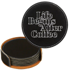 Black/Silver round leatherette coasters set and holder laser etched with 'Coffee Themed' design