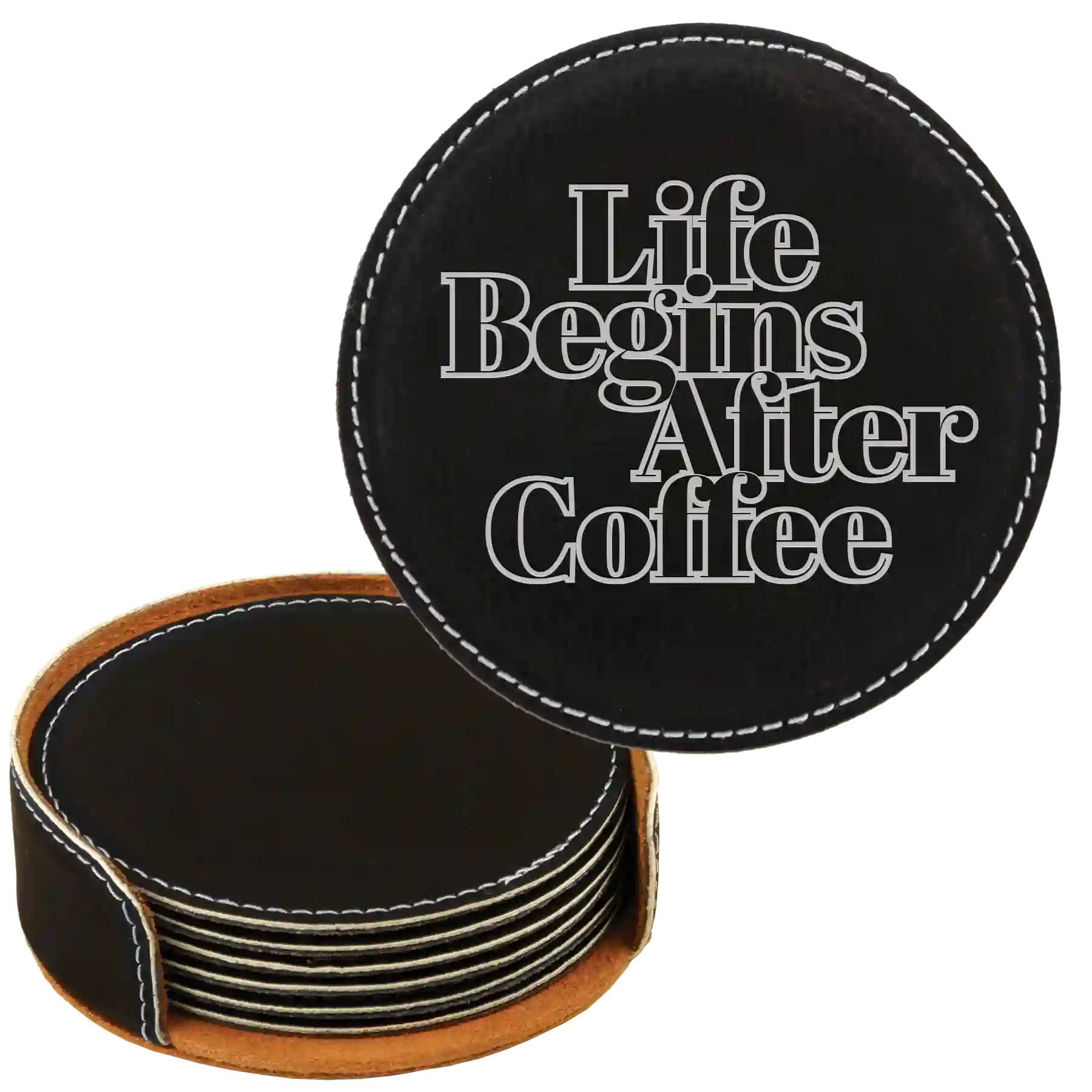 Black/Silver round leatherette coasters set and holder laser etched with 'Coffee Themed' design