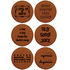 Rawhide round leatherette coasters set of 6 laser etched with 'Coffee Themed' designs