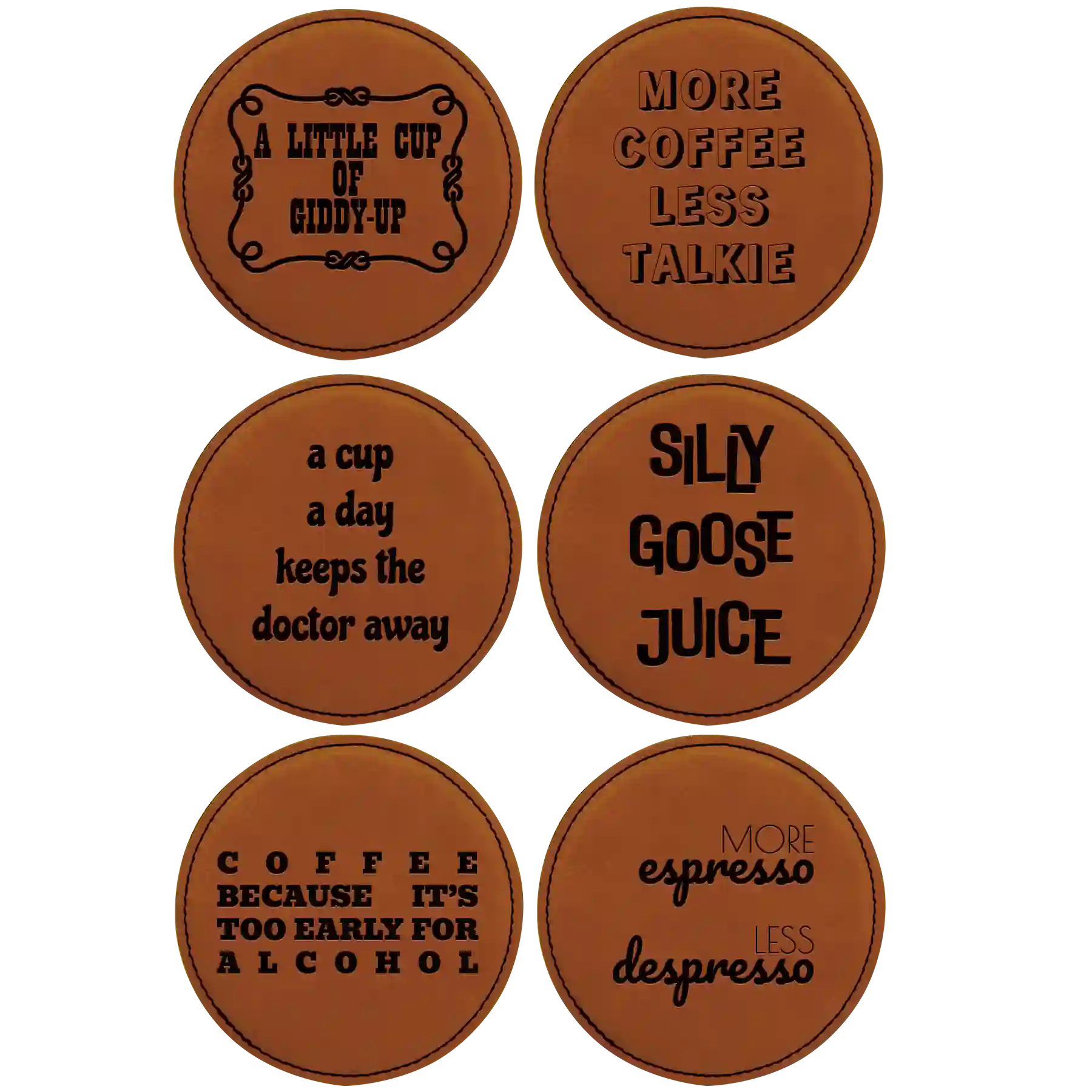 Rawhide round leatherette coasters set of 6 laser etched with 'Coffee Themed' designs