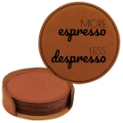 Rawhide round leatherette coasters set and holder laser etched with 'Coffee Themed' design