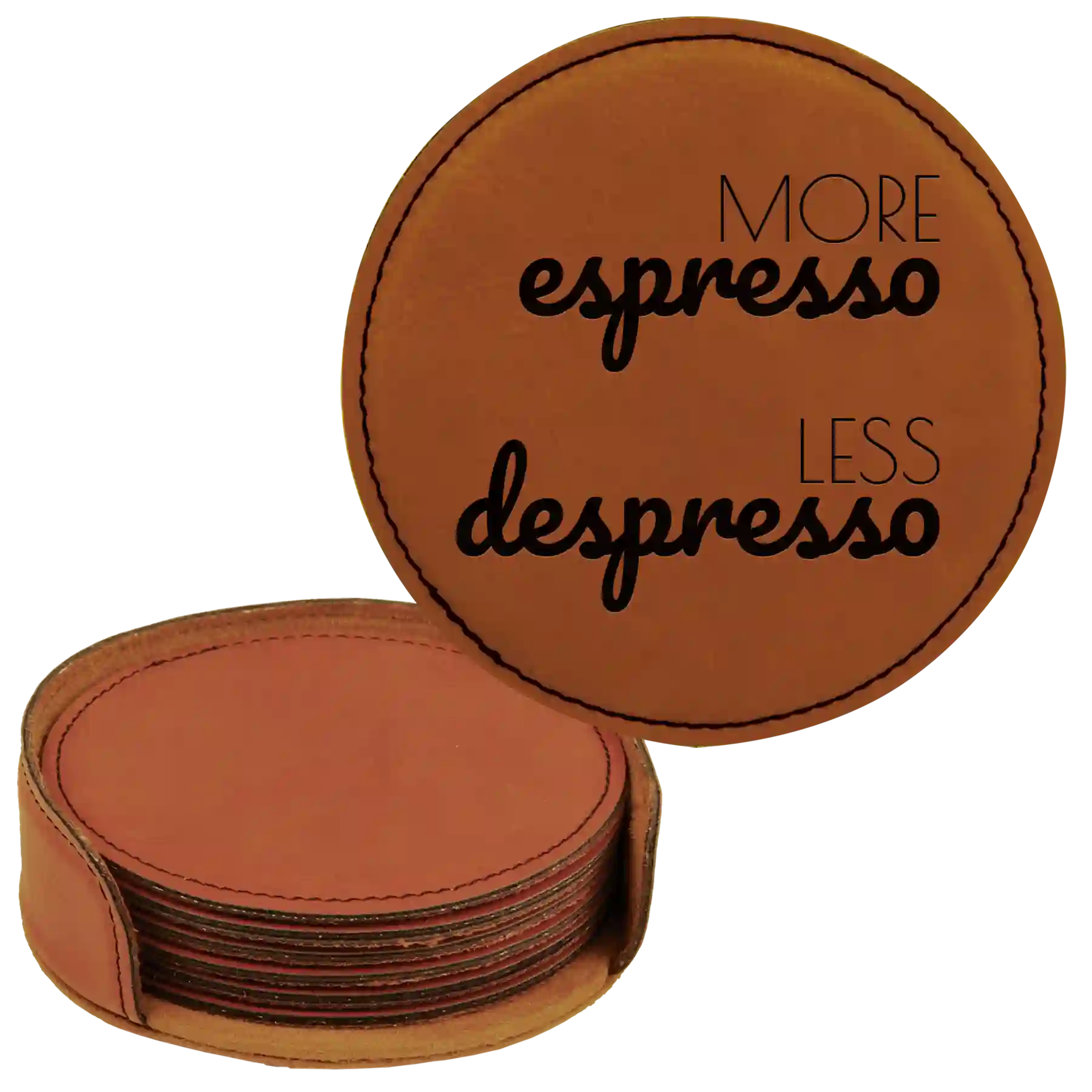 Rawhide round leatherette coasters set and holder laser etched with 'Coffee Themed' design