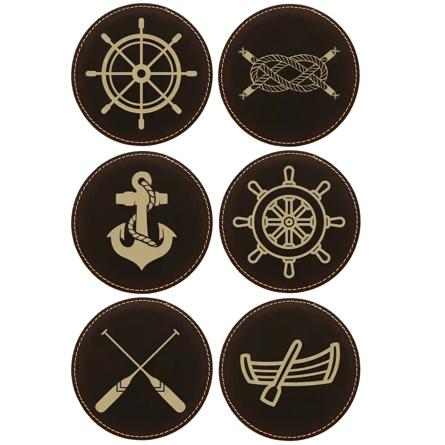 Black/Gold round leatherette coasters set of 6 laser etched with 'Lake House' designs