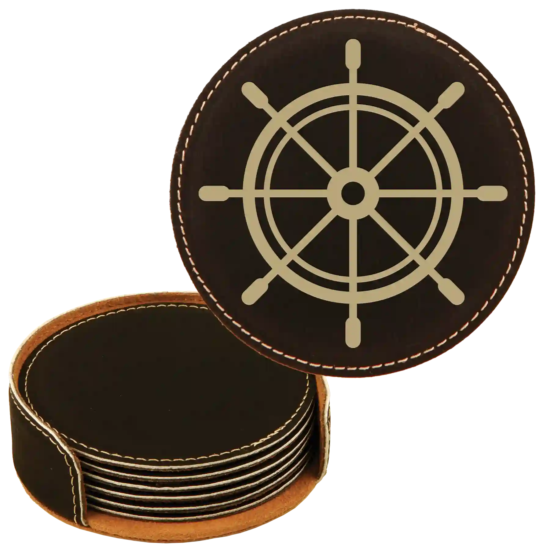 Black/Gold round leatherette coasters set and holder laser etched with 'Lake House' design