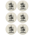 White round leatherette coasters set of 6 laser etched with 'Life is Better at the Lake' designs
