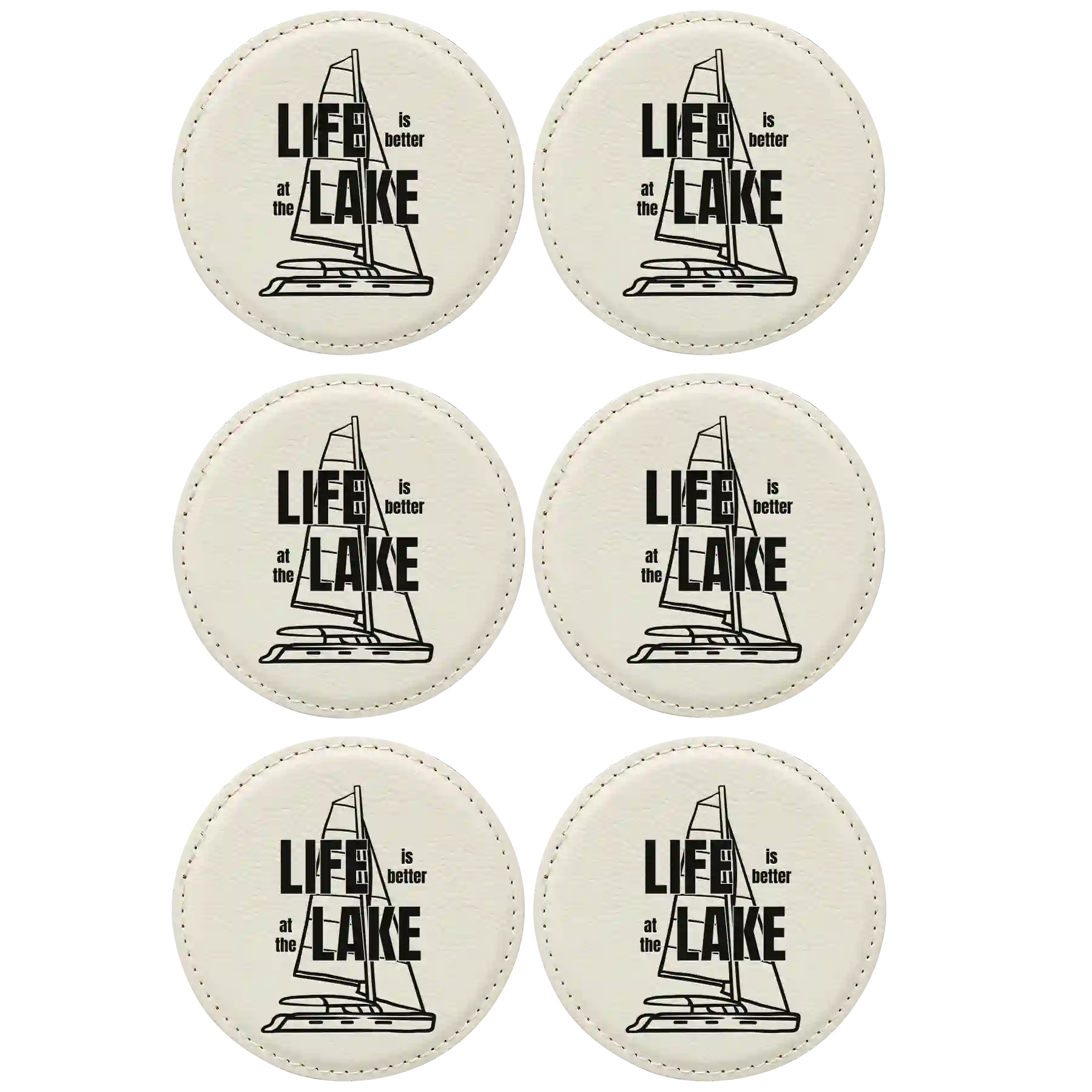 White round leatherette coasters set of 6 laser etched with 'Life is Better at the Lake' designs