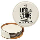 White round leatherette coasters set and holder laser etched with 'Life is Better at the Lake' design