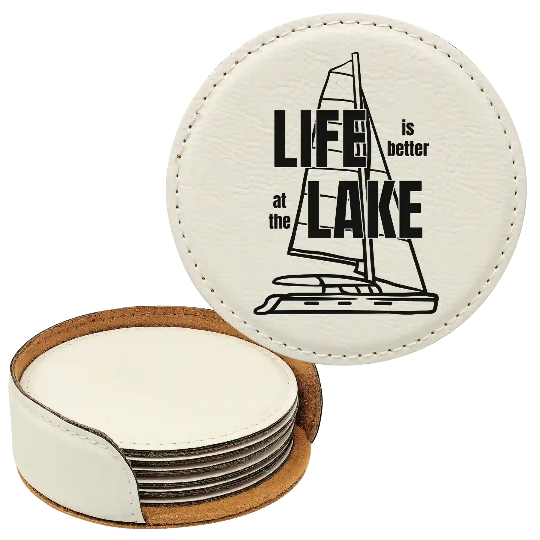 White round leatherette coasters set and holder laser etched with 'Life is Better at the Lake' design