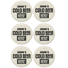 White round leatherette coasters set of 6 with personalized 'Cold Beer Here' designs