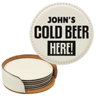 White round leatherette coasters set and holder with personalized 'Cold Beer Here' design