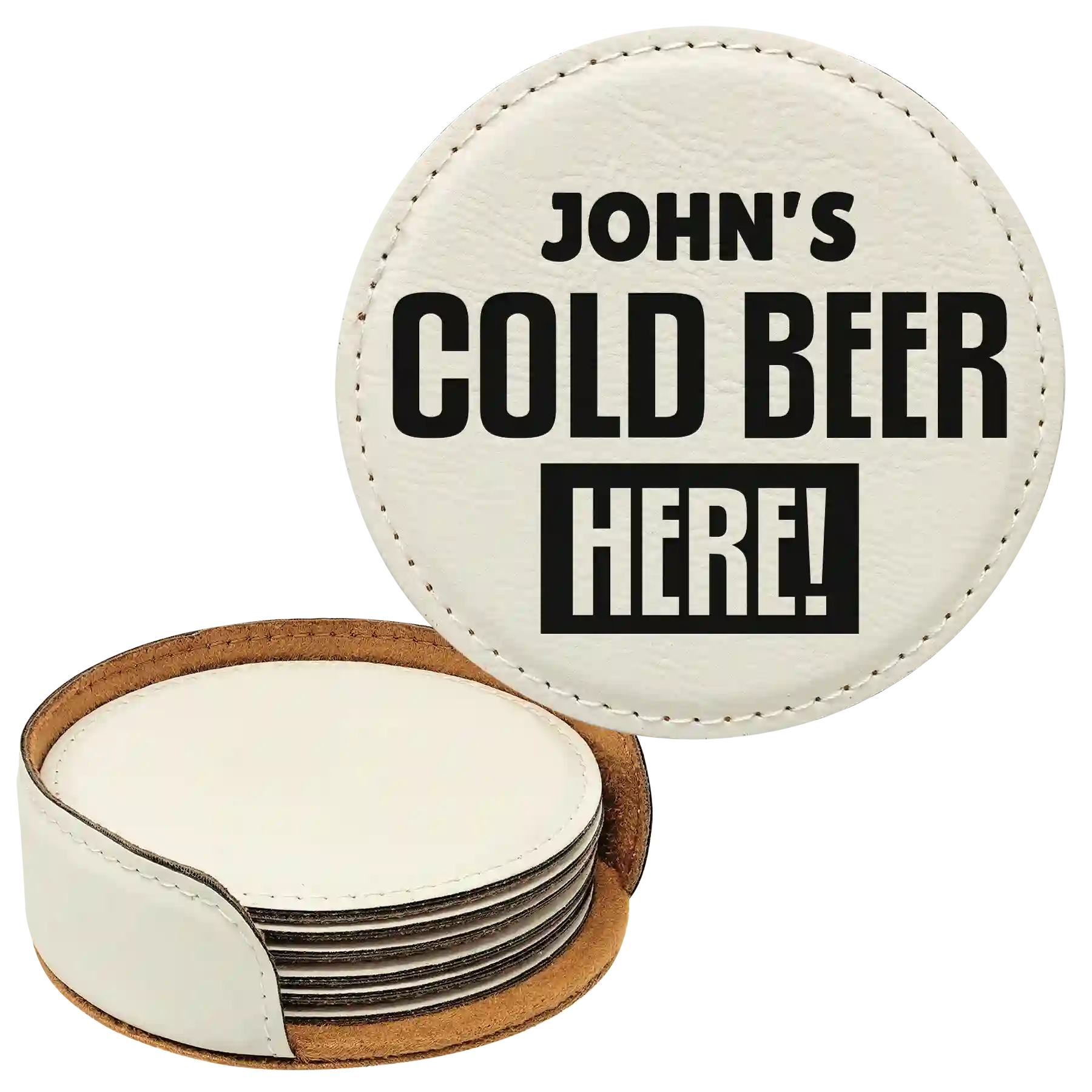 White round leatherette coasters set and holder with personalized 'Cold Beer Here' design