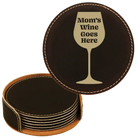 Black/Gold round leatherette coasters set and holder laser etched with 'Moms Wine Goes Here' design
