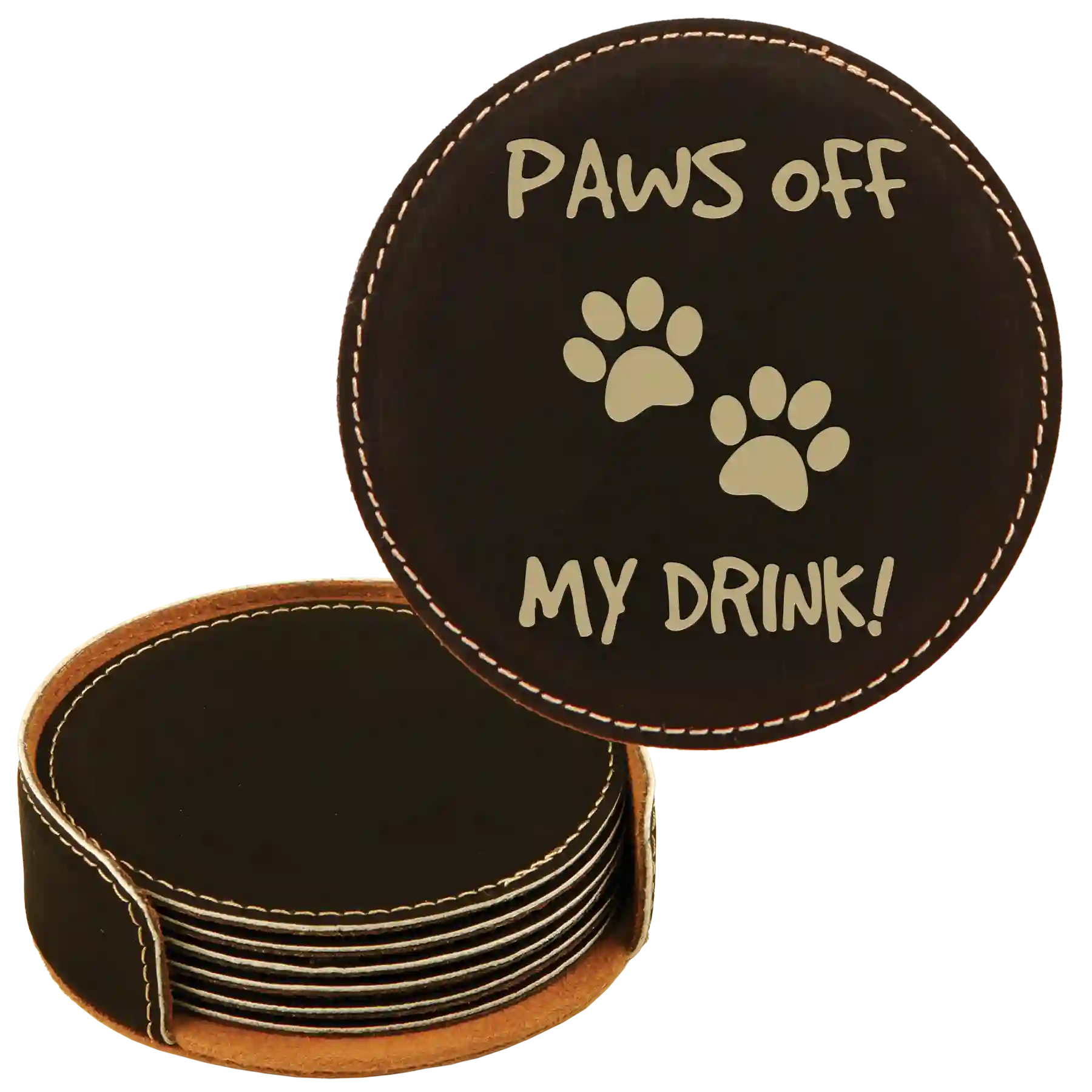 Black/Gold round leatherette coasters set and holder laser etched with 'Paws Off' design