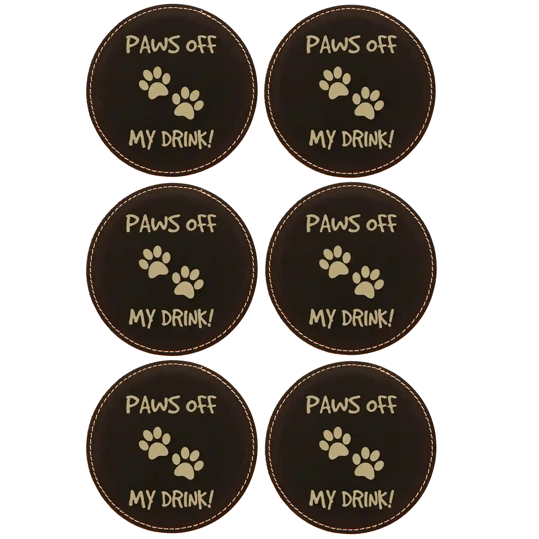 Black/Gold round leatherette coasters set of 6 laser etched with 'Paws Off' designs