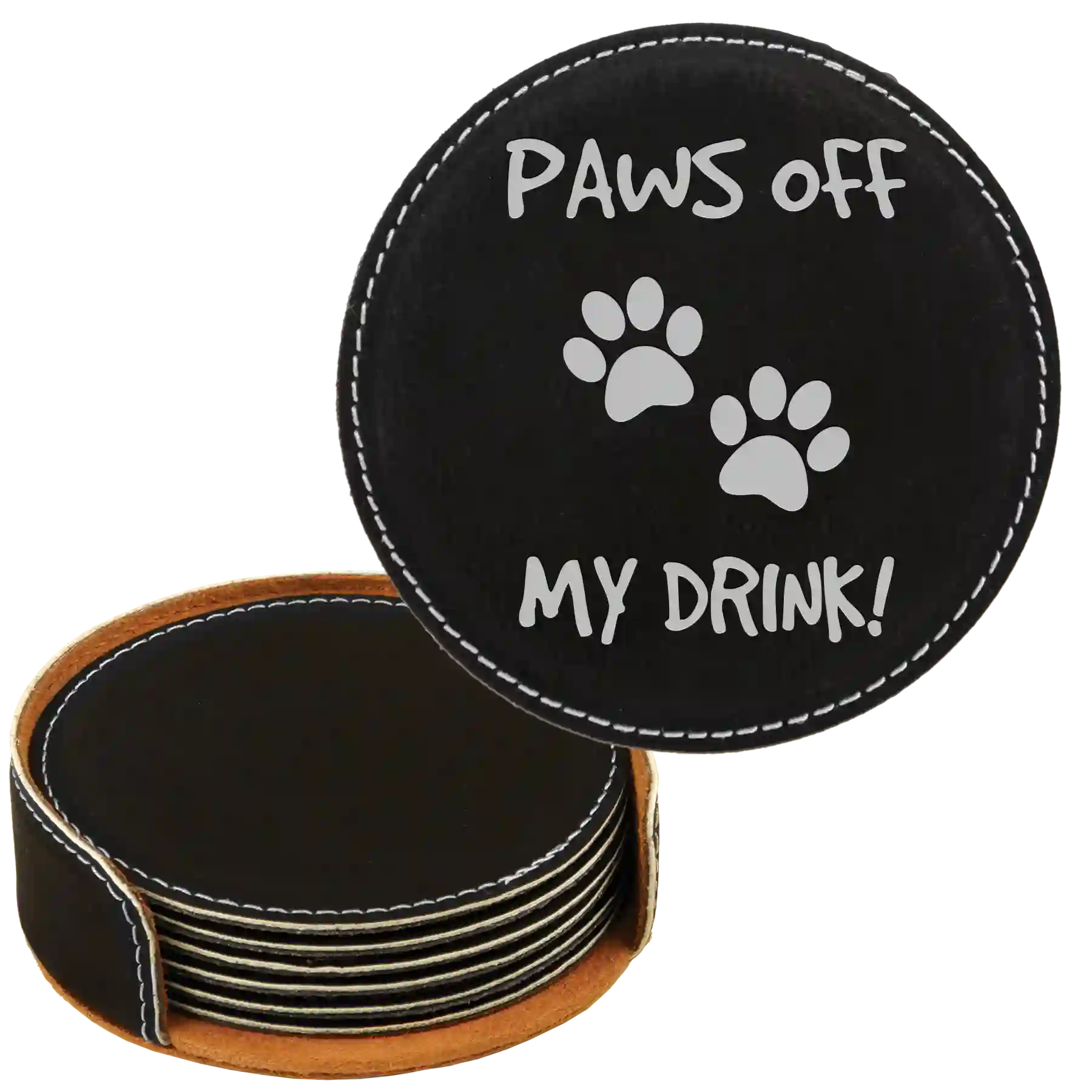 Black/Silver round leatherette coasters set and holder laser etched with 'Paws Off' design