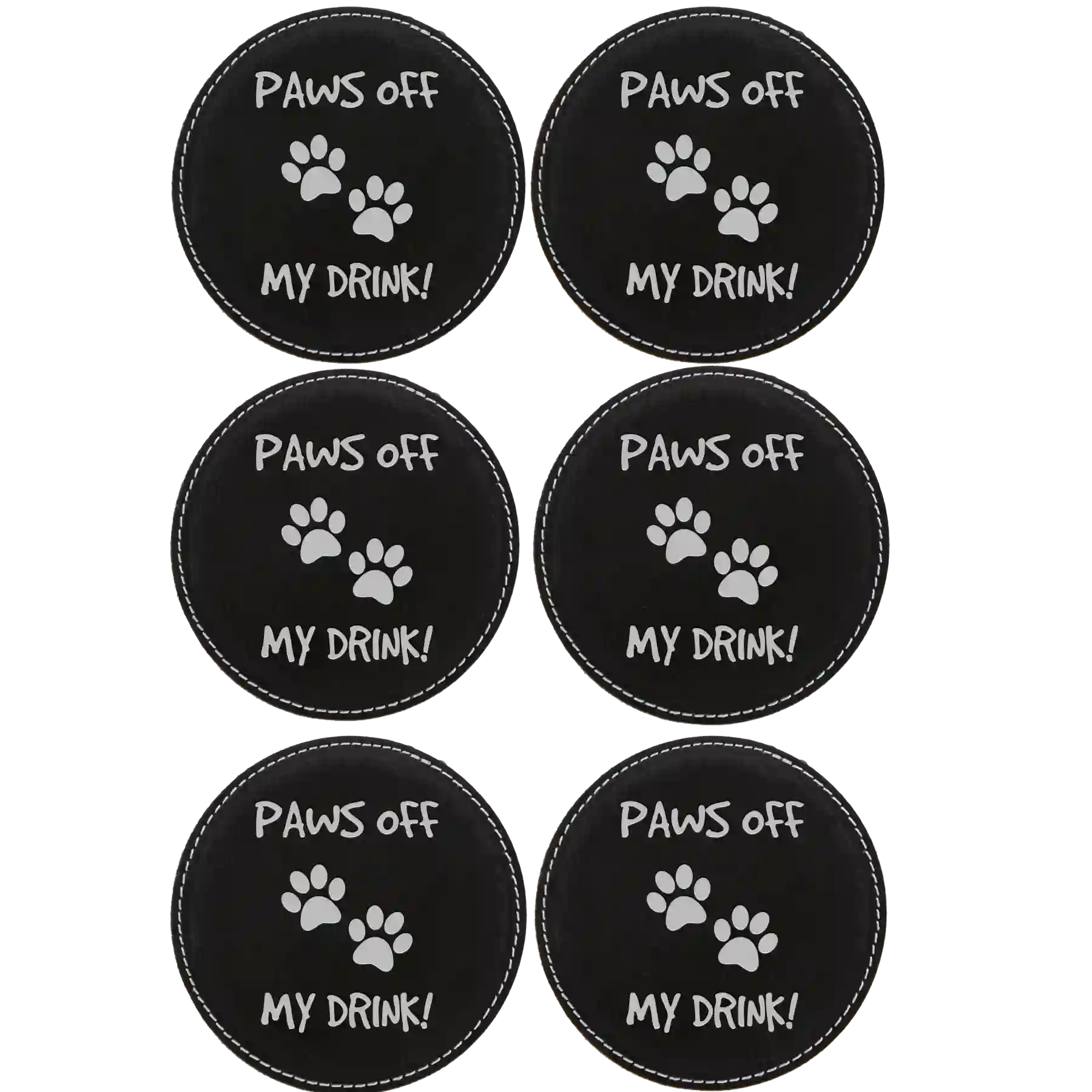 Black/Silver round leatherette coasters set of 6 laser etched with 'Paws Off' designs