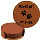 Rawhide round leatherette coasters set and holder laser etched with 'Paws Off' design