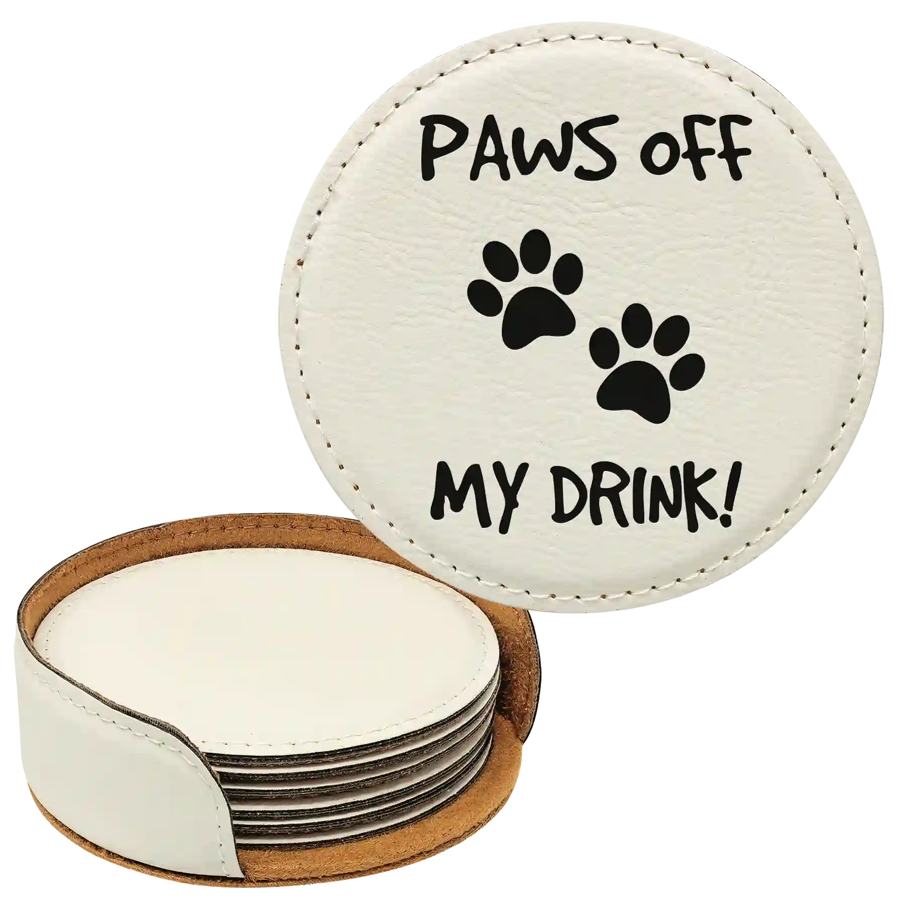 White round leatherette coasters set and holder laser etched with 'Paws Off' design