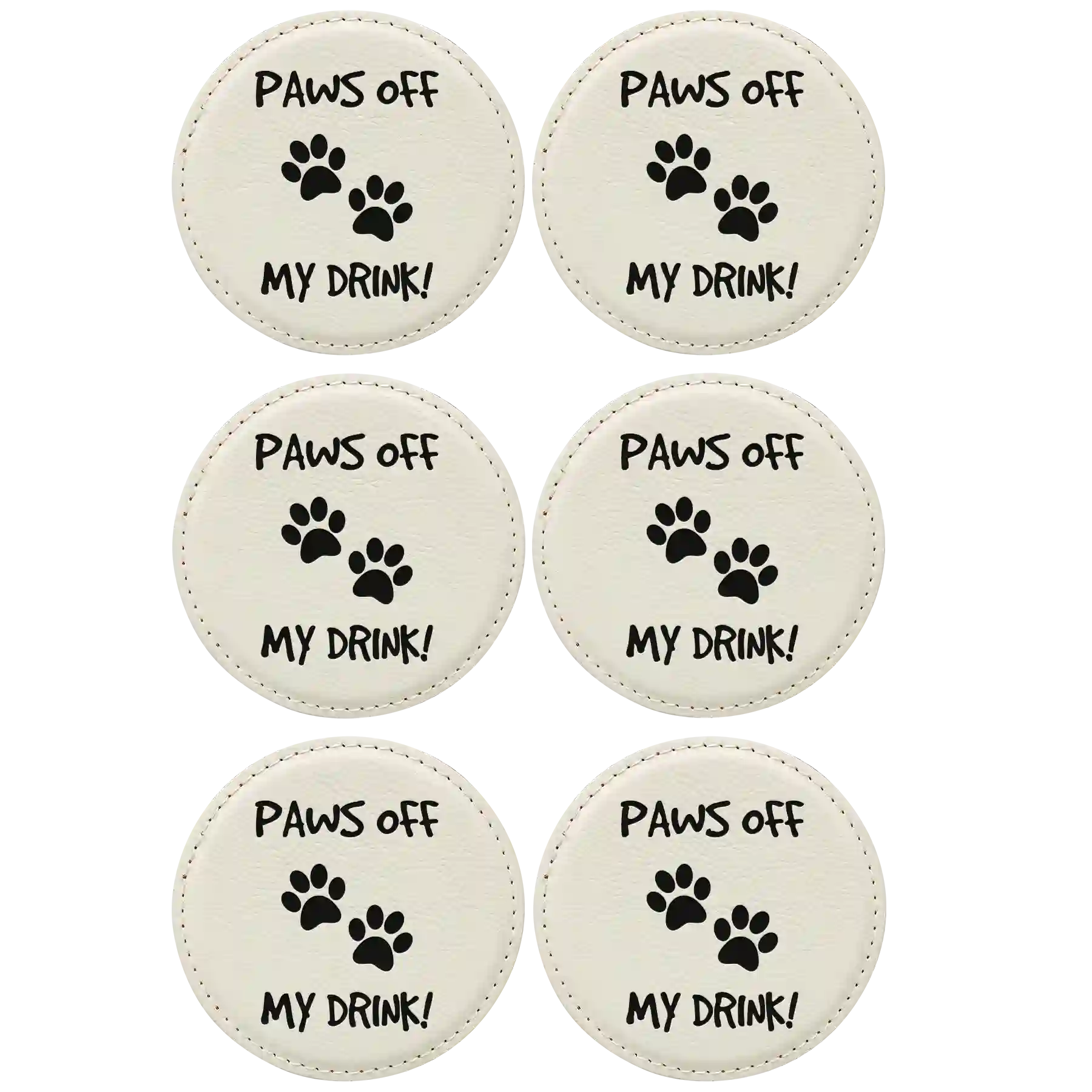 White round leatherette coasters set of 6 laser etched with 'Paws Off' designs