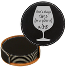 Black/Silver round leatherette coasters set and holder laser etched with 'Wine Time' design