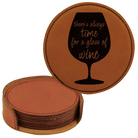 Rawhide round leatherette coasters set and holder laser etched with 'Wine Time' design