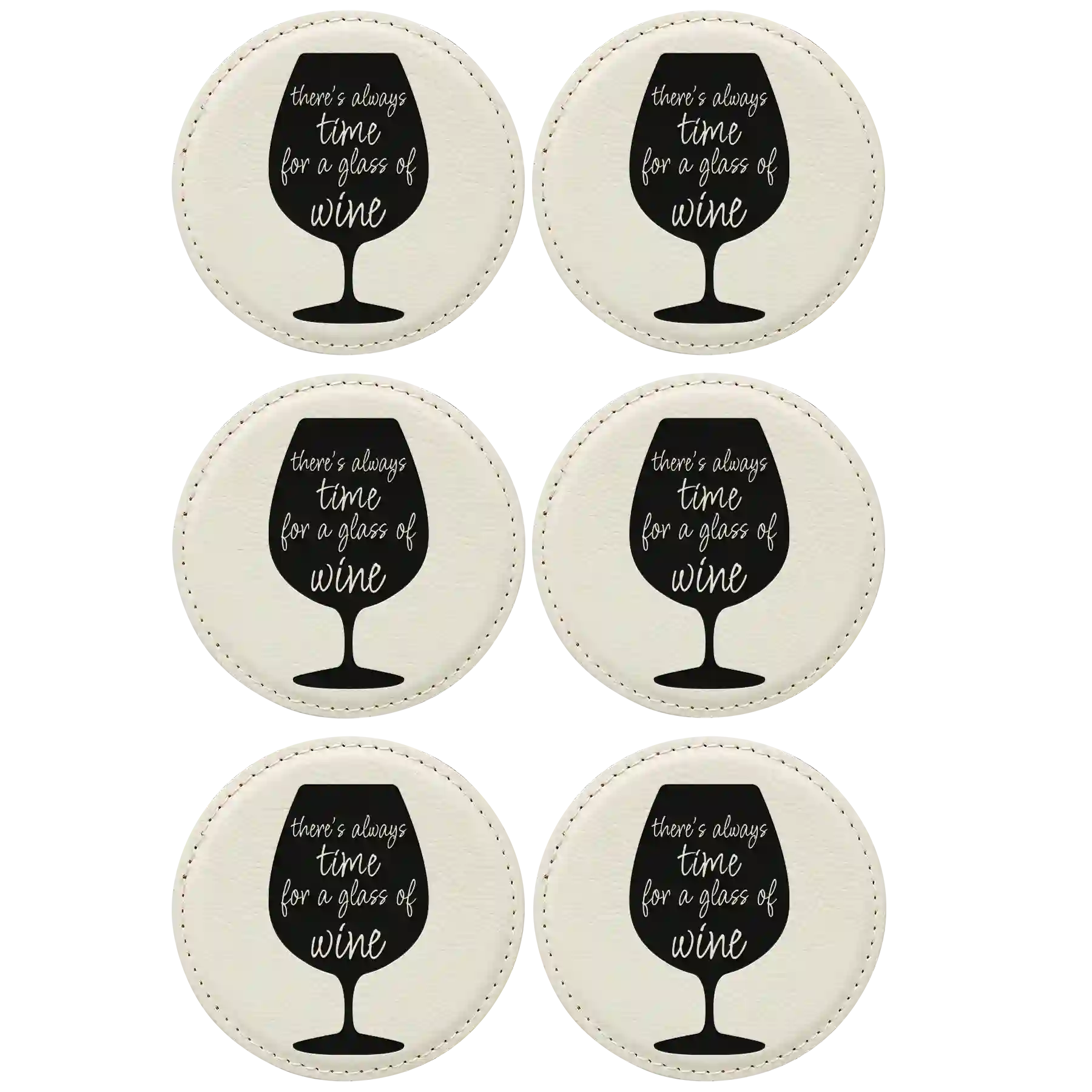 White round leatherette coasters set of 6 laser etched with 'Wine Time' designs