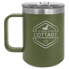 Laser etched olivegreen 15 oz vacuum insulated coffee mug with 'I'm Coming to the Cottage (Loon)' design