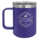 Laser etched purple 15 oz vacuum insulated coffee mug with 'I'm Coming to the Cottage (Loon)' design