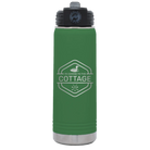 Laser etched green 20 oz vacuum insulated water bottle with 'I'm Coming to the Cottage (Loon)' design