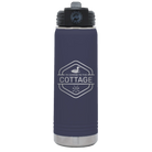 Laser etched navy 20 oz vacuum insulated water bottle with 'I'm Coming to the Cottage (Loon)' design