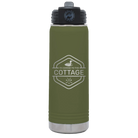 Laser etched olive green 20 oz vacuum insulated water bottle with 'I'm Coming to the Cottage (Loon)' design