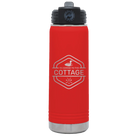 Laser etched red 20 oz vacuum insulated water bottle with 'I'm Coming to the Cottage (Loon)' design