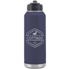 Laser etched navy 32 oz vacuum insulated water bottle with 'I'm Coming to the Cottage (Loon)' design